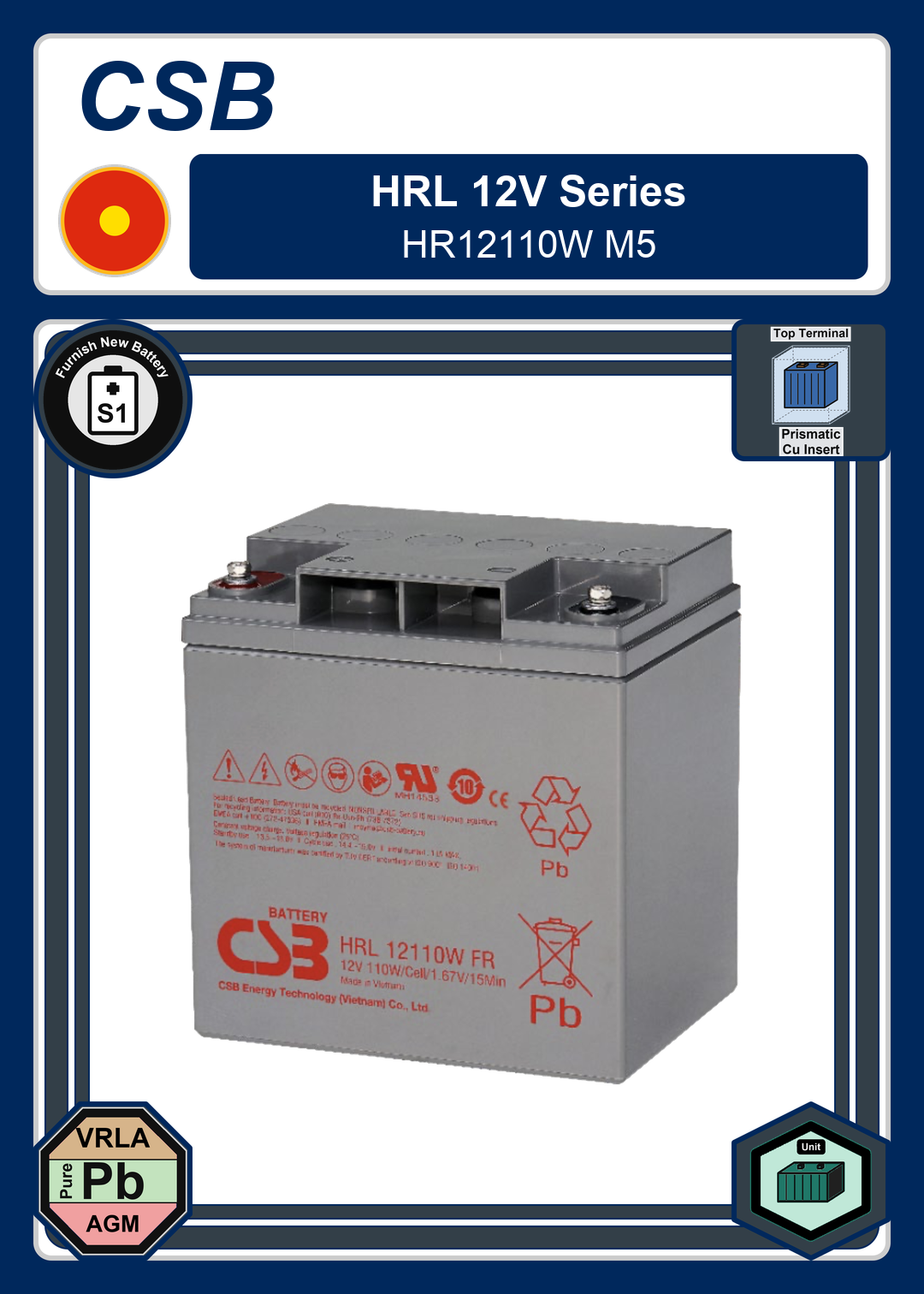 Furnish New Battery CSB HRL 12V Series HR12110W M5