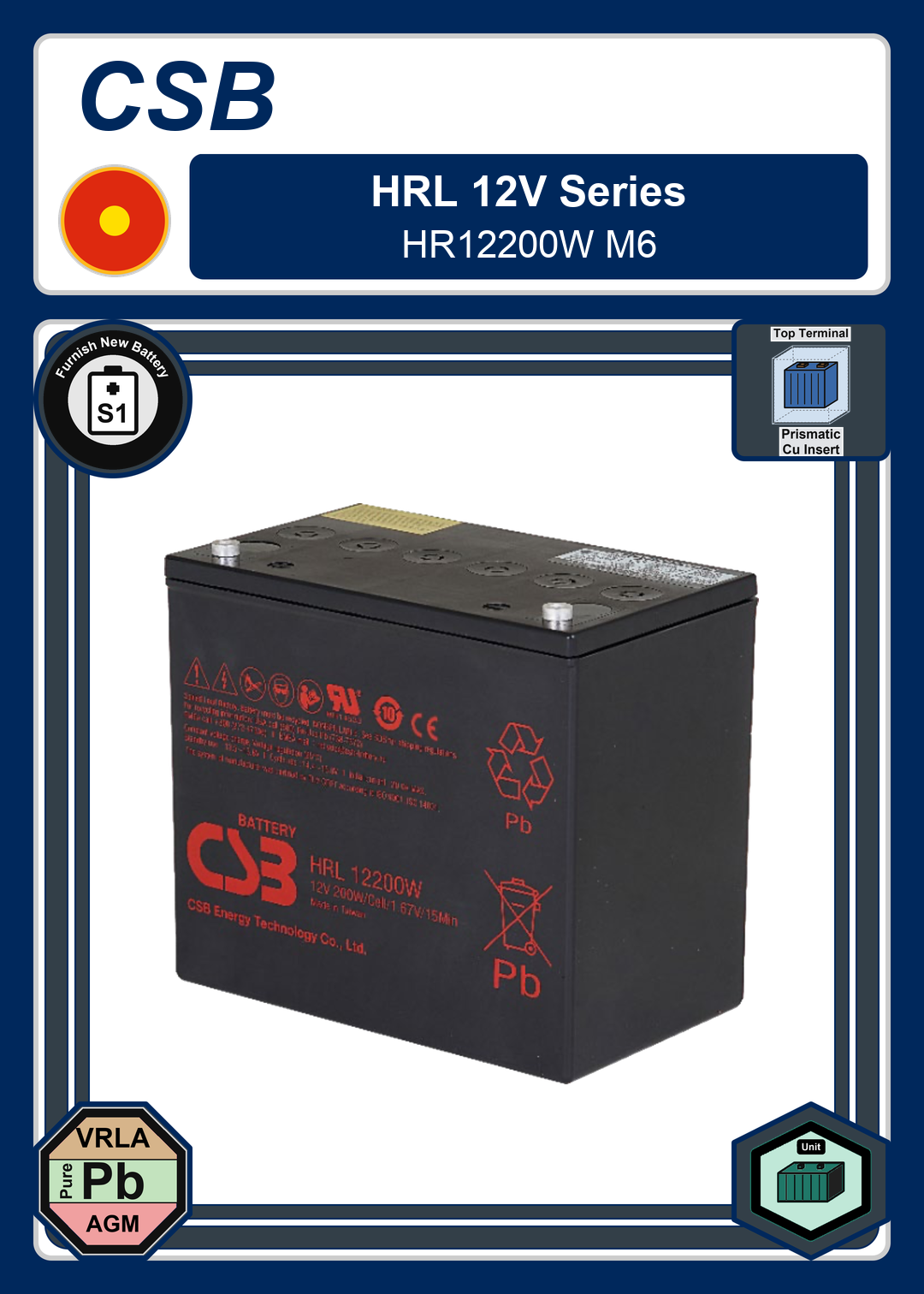 Furnish New Battery CSB HRL 12V Series HR12200W M6