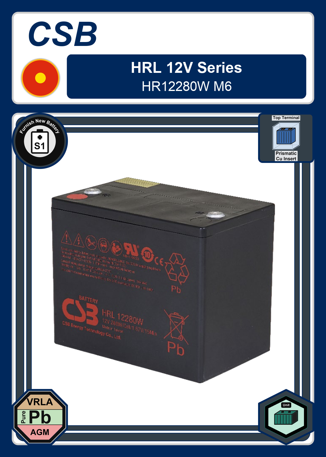 Furnish New Battery CSB HRL 12V Series HR12280W M6