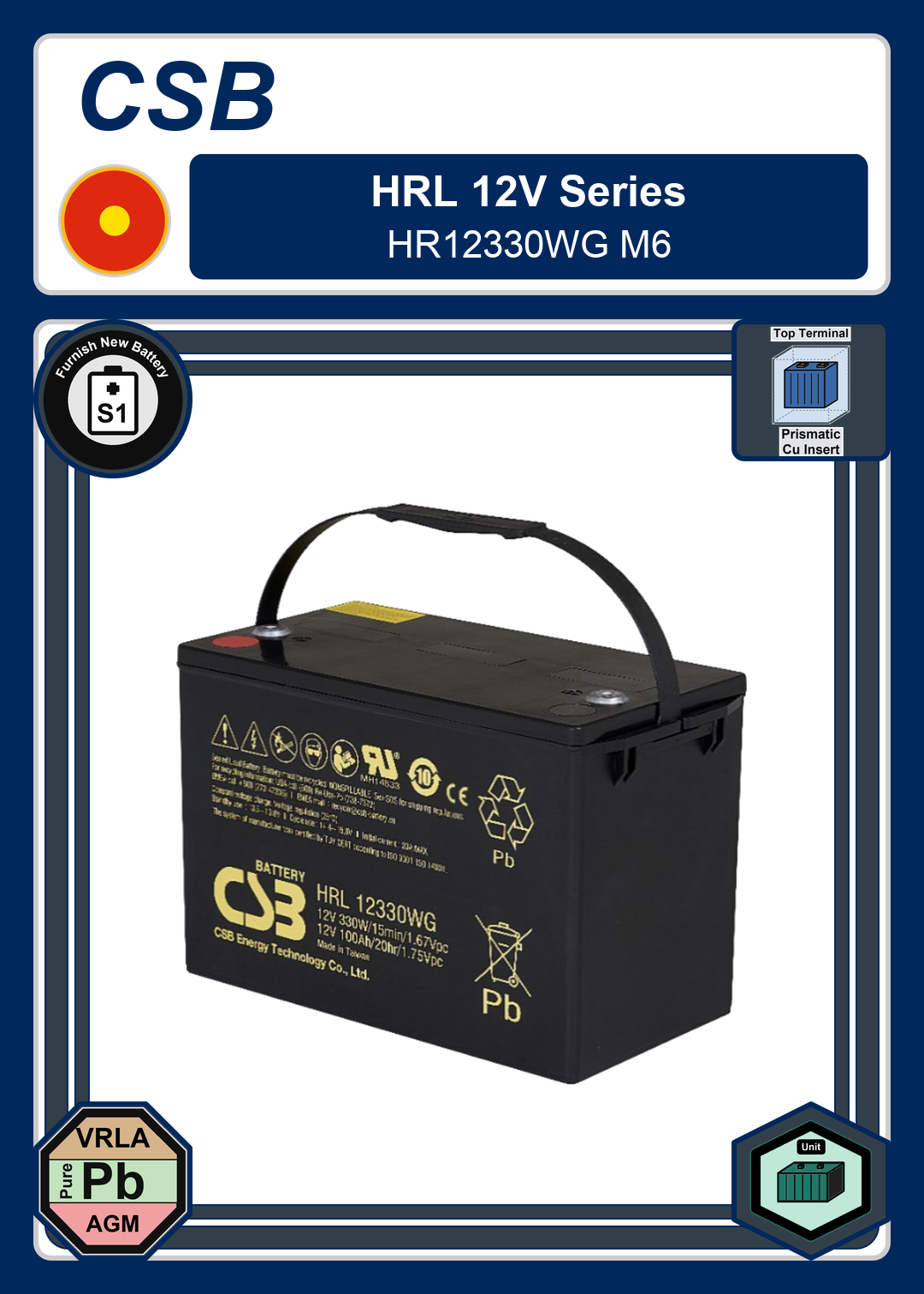 Furnish New Battery CSB HRL 12V Series HR12330WG M6