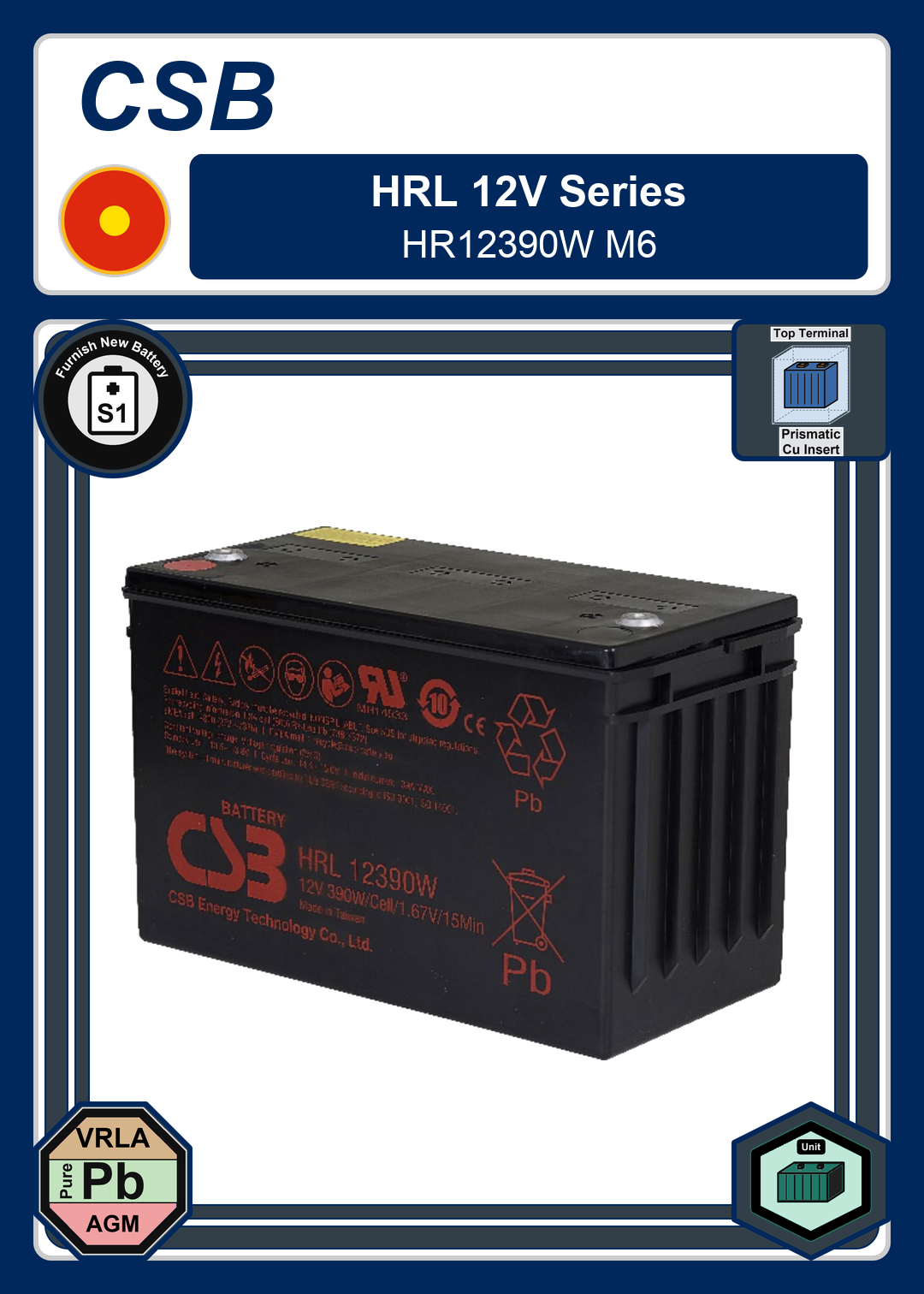 Furnish New Battery CSB HRL 12V Series HR12390W M6