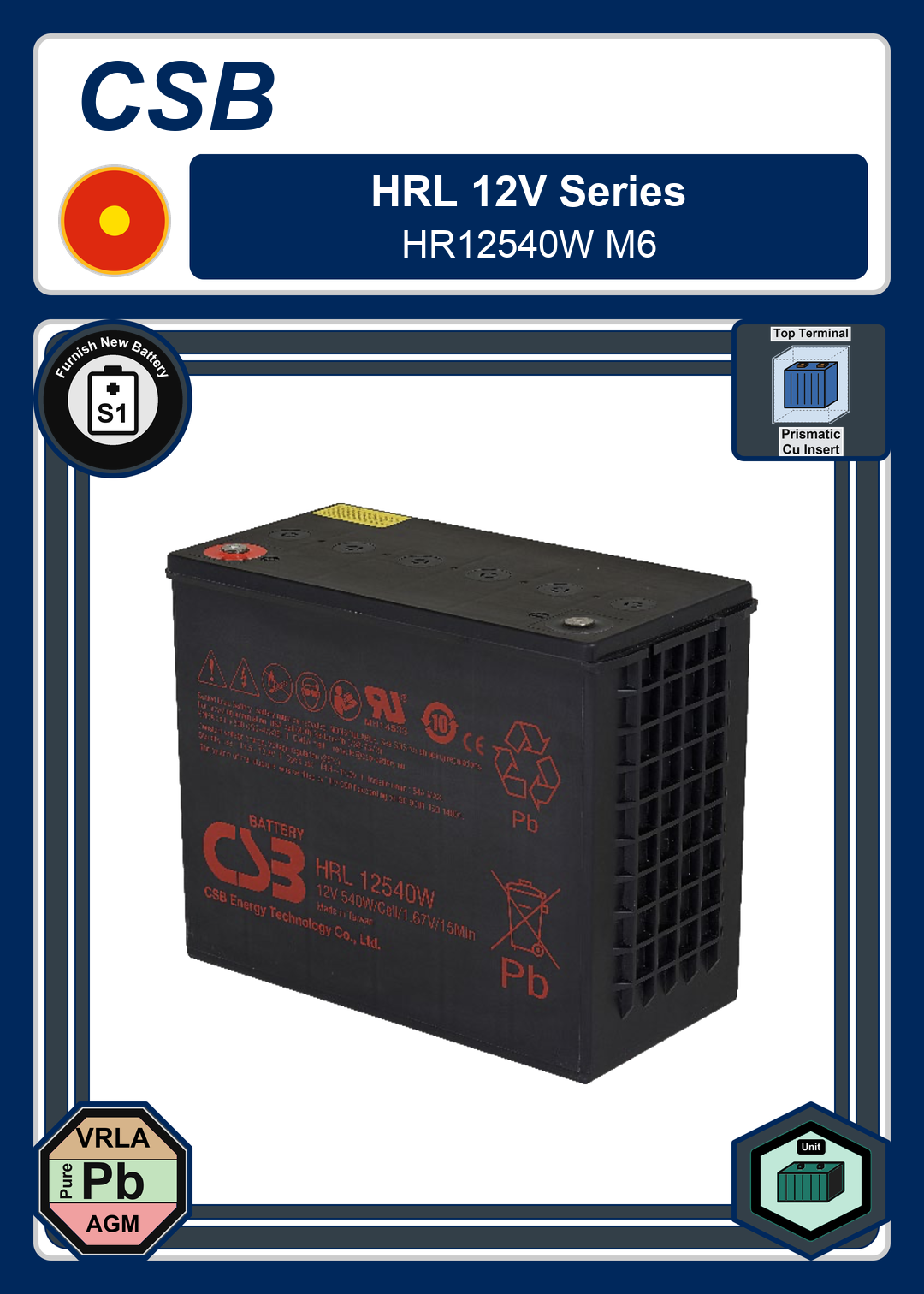 Furnish New Battery CSB HRL 12V Series HR12540W M6