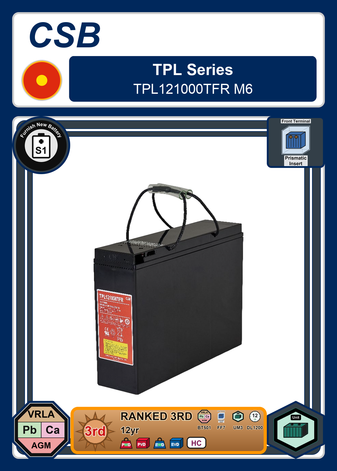 Furnish New Battery CSB TPL Series TPL121000TFR M6