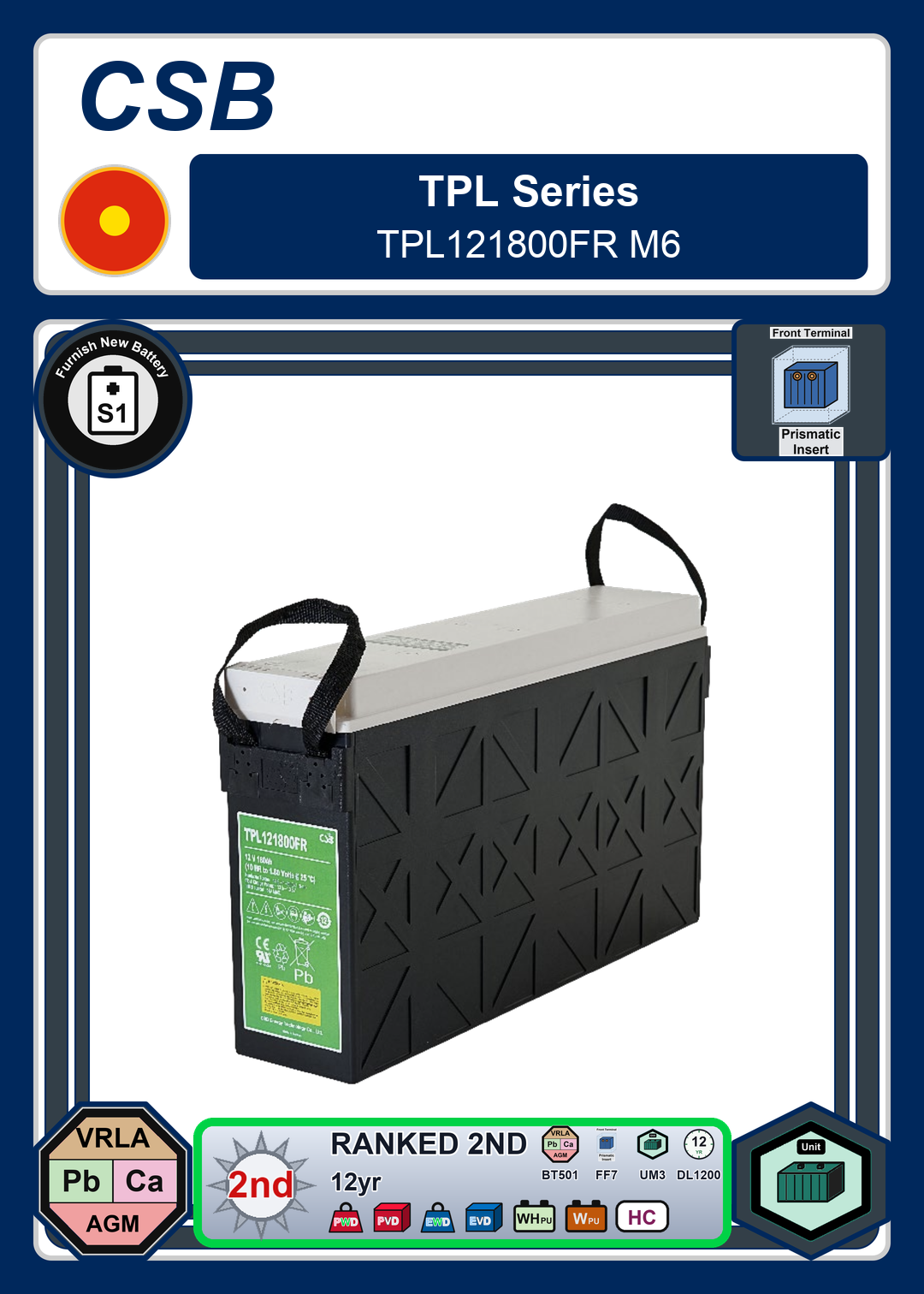 Furnish New Battery CSB TPL Series TPL121800FR M6