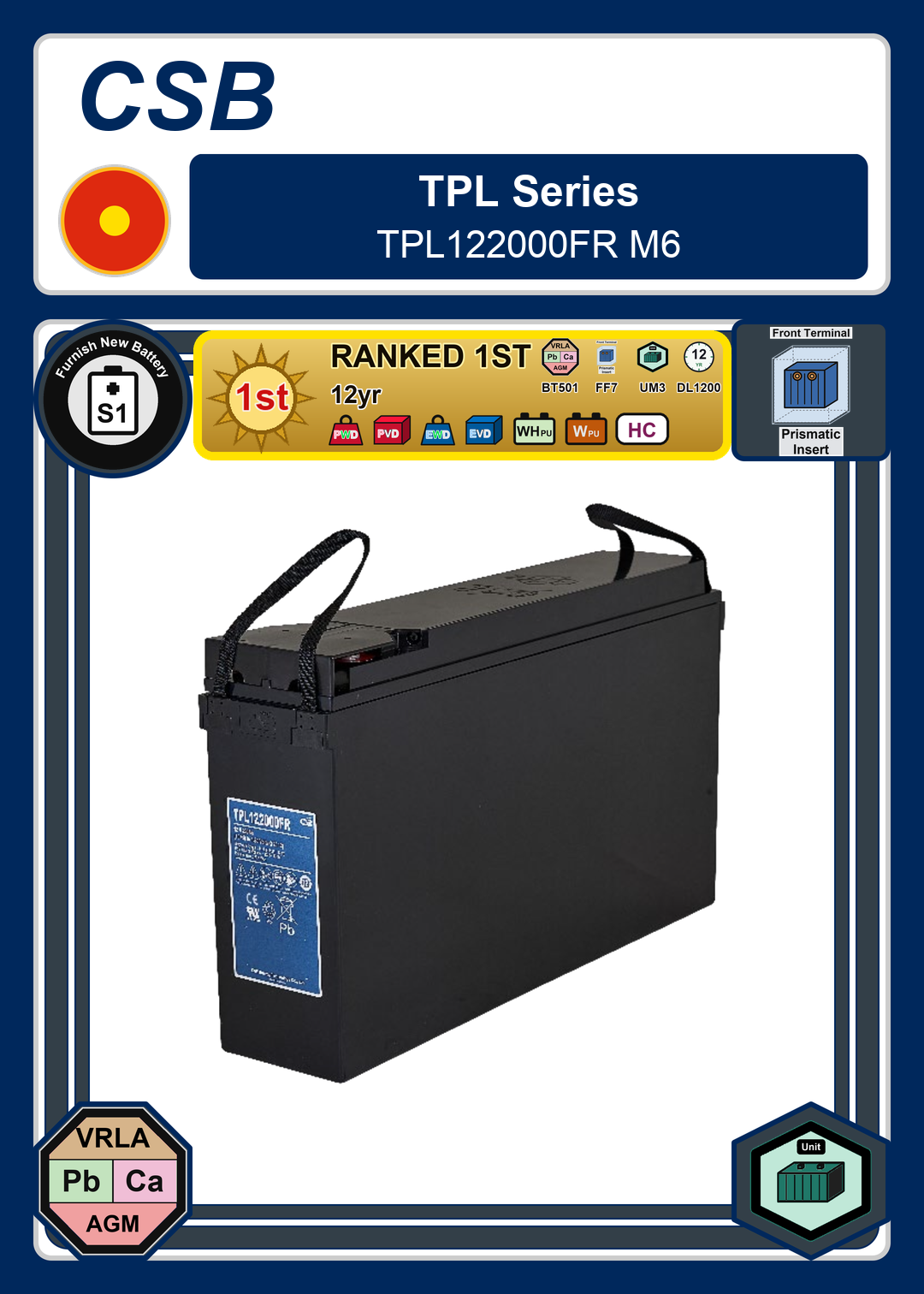 Furnish New Battery CSB TPL Series TPL122000FR M6