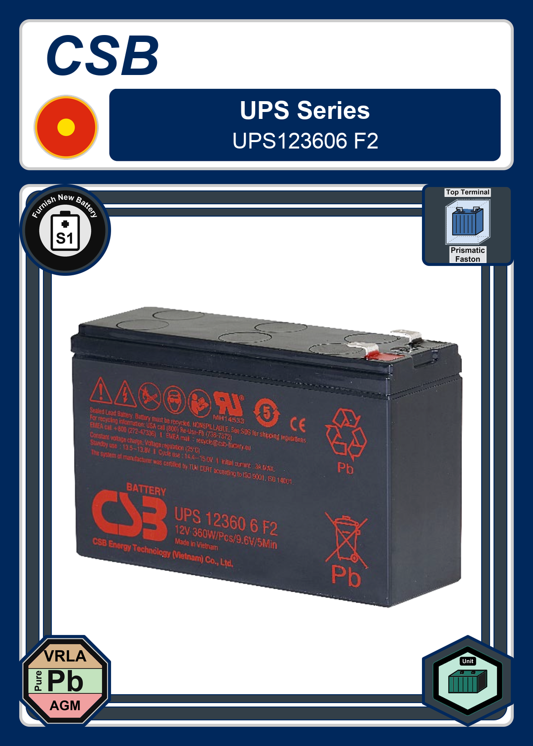 Furnish New Battery CSB UPS Series UPS123606 F2