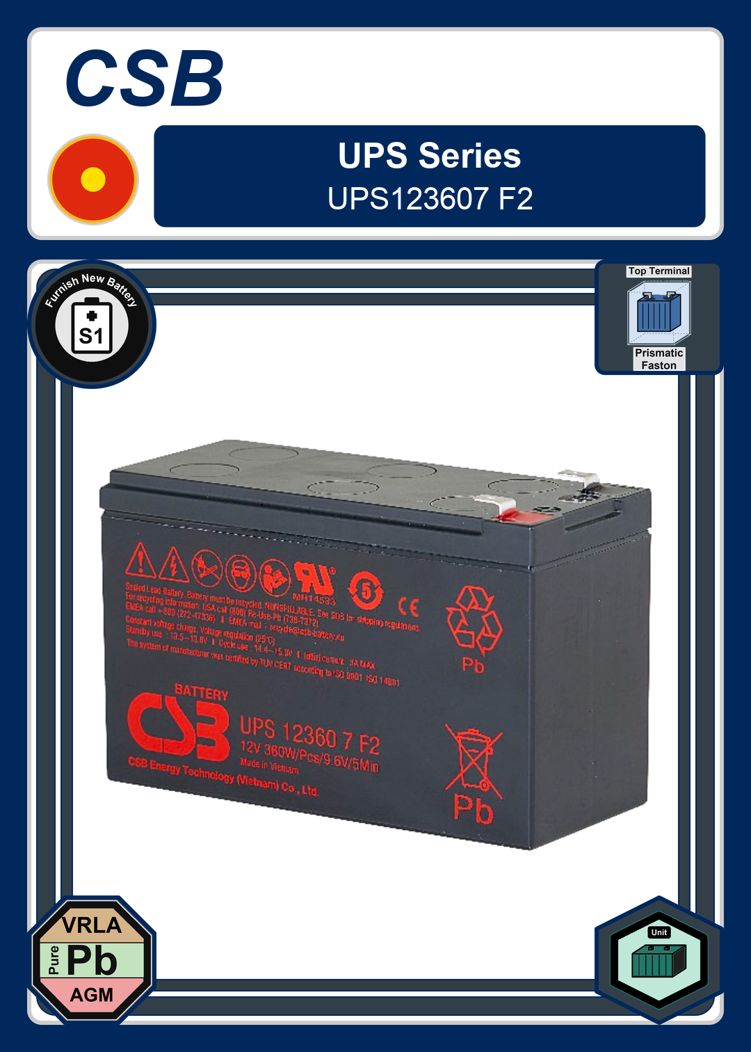 Furnish New Battery CSB UPS Series UPS123607 F2