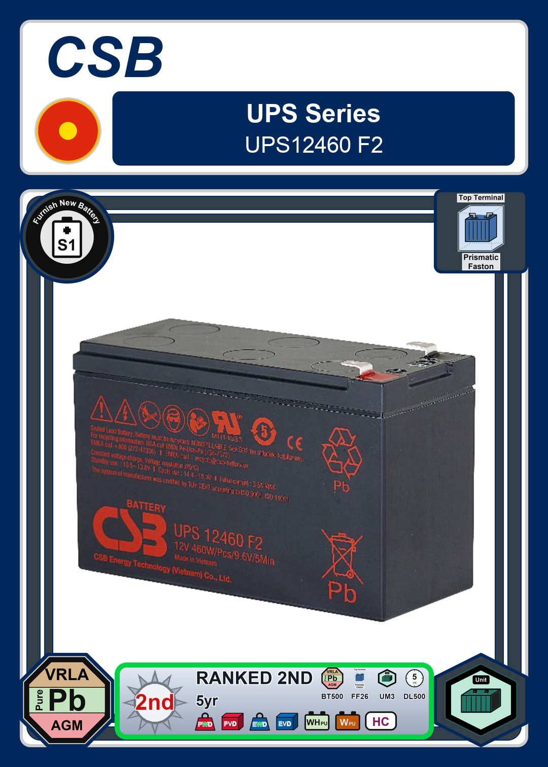 Furnish New Battery CSB UPS Series UPS12460 F2
