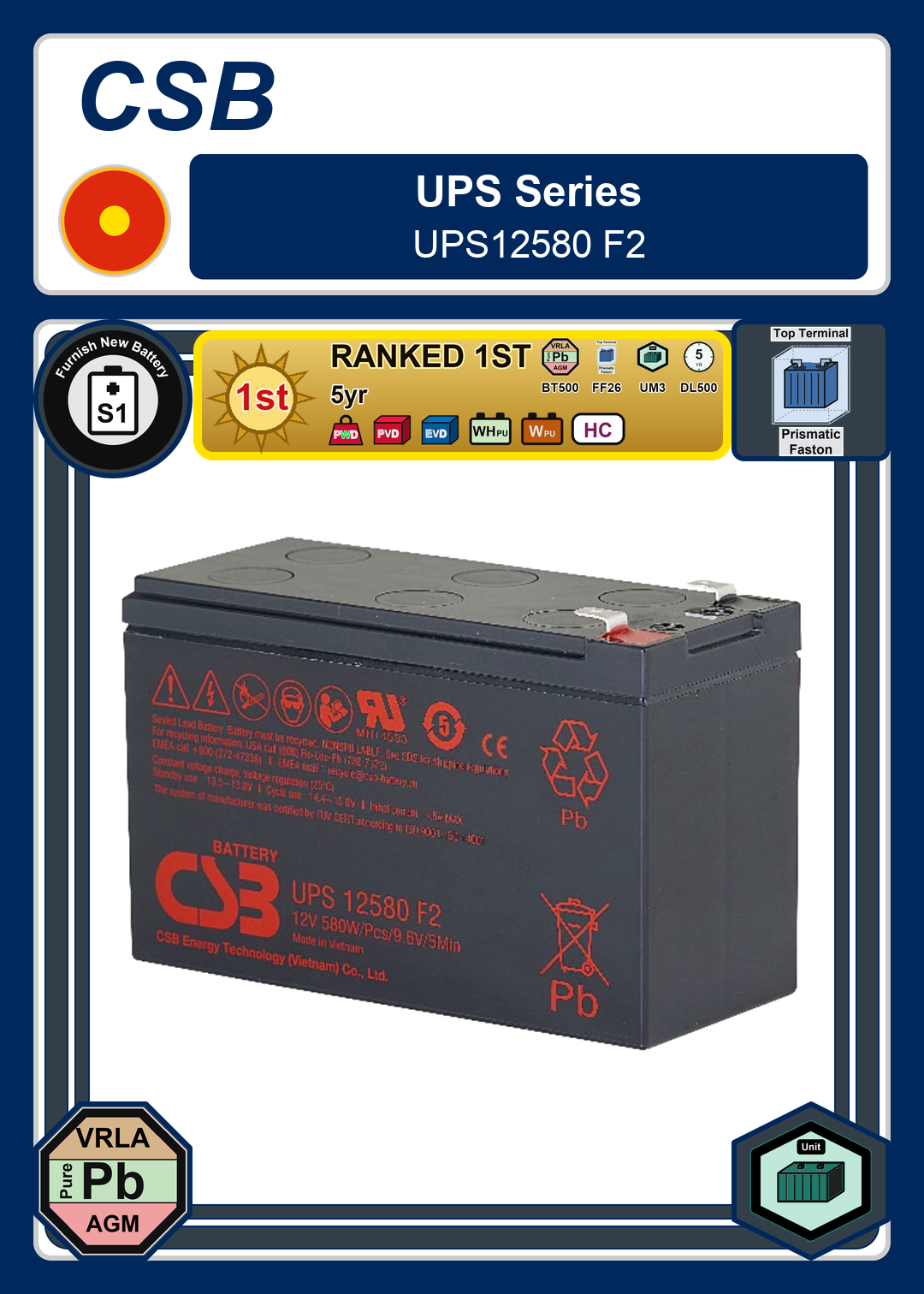 Furnish New Battery CSB UPS Series UPS12580 F2