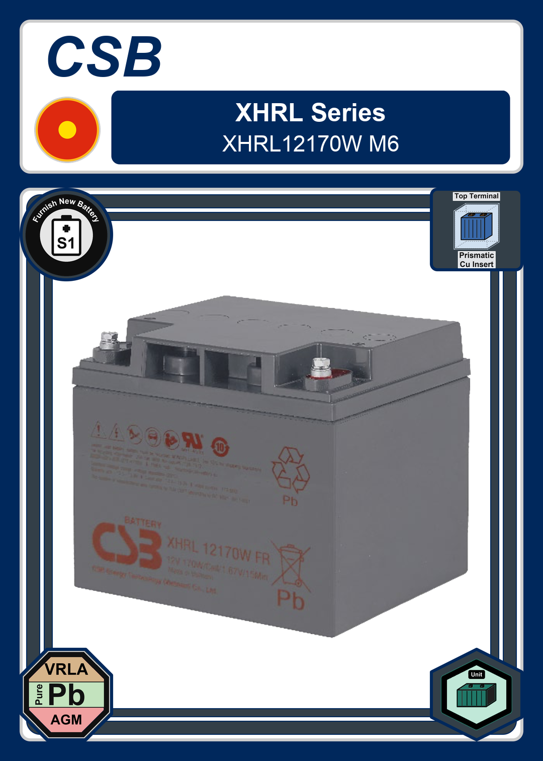 Furnish New Battery CSB XHRL Series XHRL12170W M6