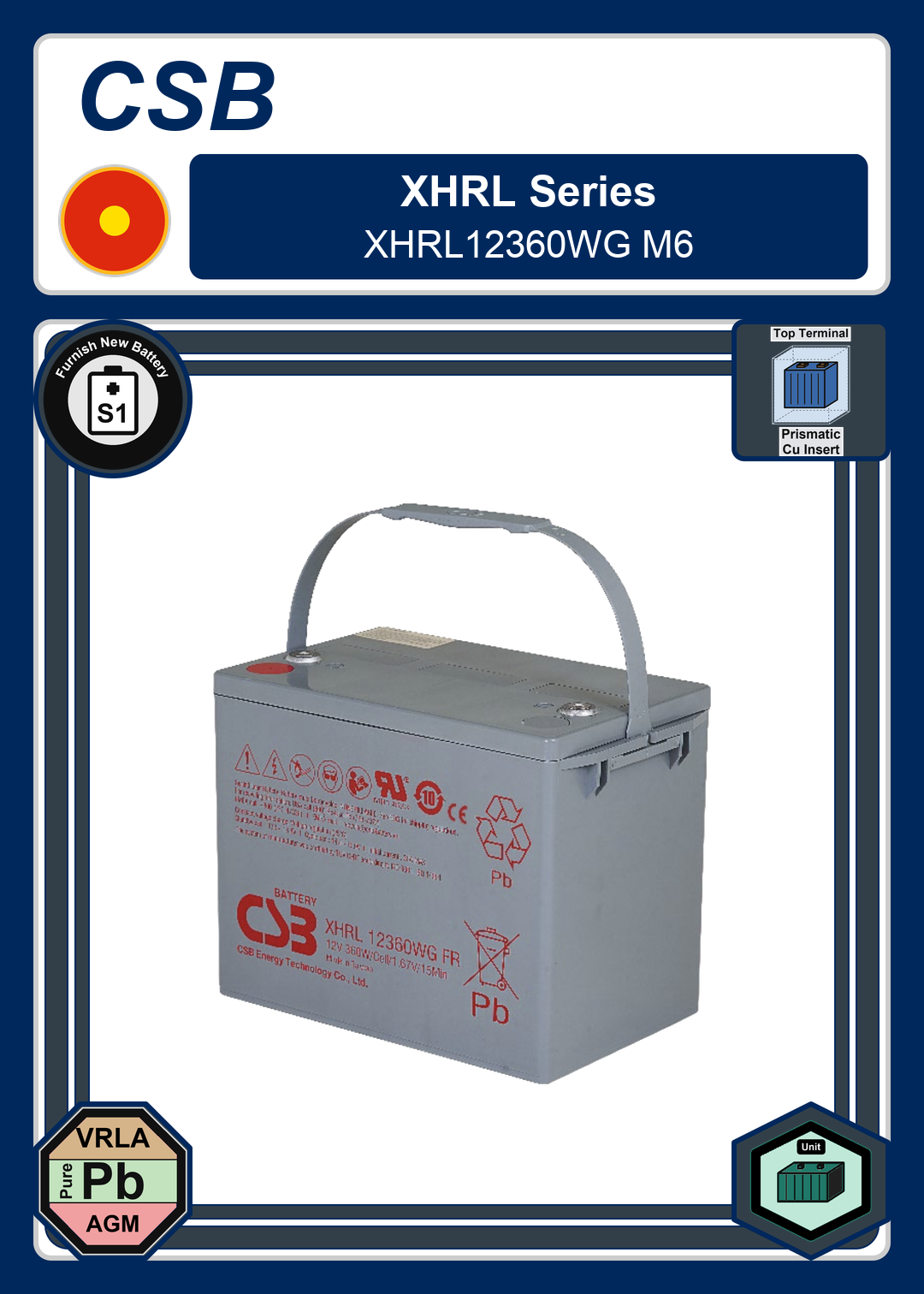 Furnish New Battery CSB XHRL Series XHRL12360WG M6