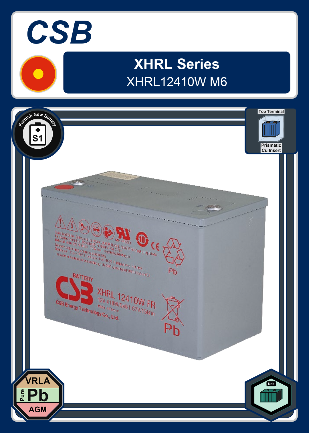 Furnish New Battery CSB XHRL Series XHRL12410W M6