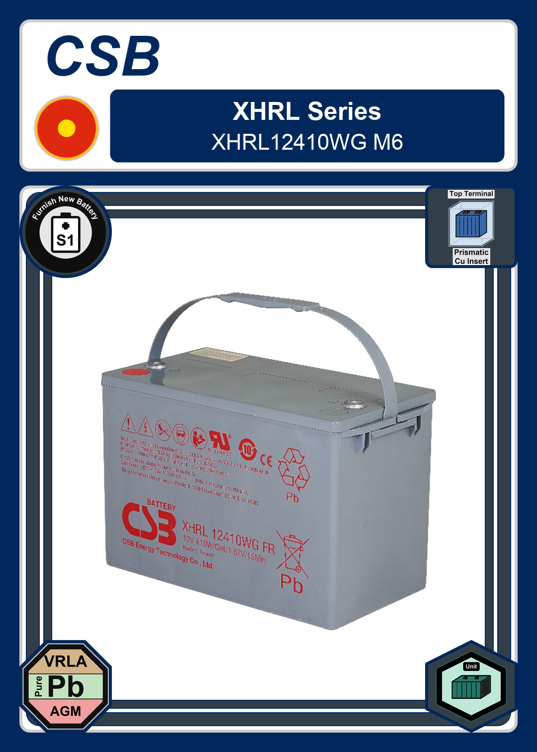 Furnish New Battery CSB XHRL Series XHRL12410WG M6