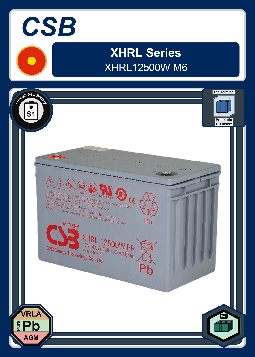 Furnish New Battery CSB XHRL Series XHRL12500W M6