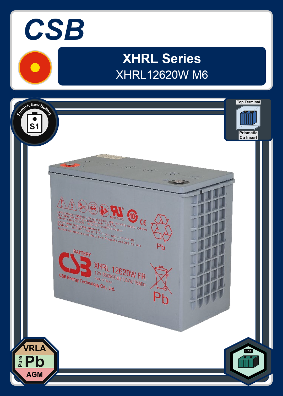 Furnish New Battery CSB XHRL Series XHRL12620W M6