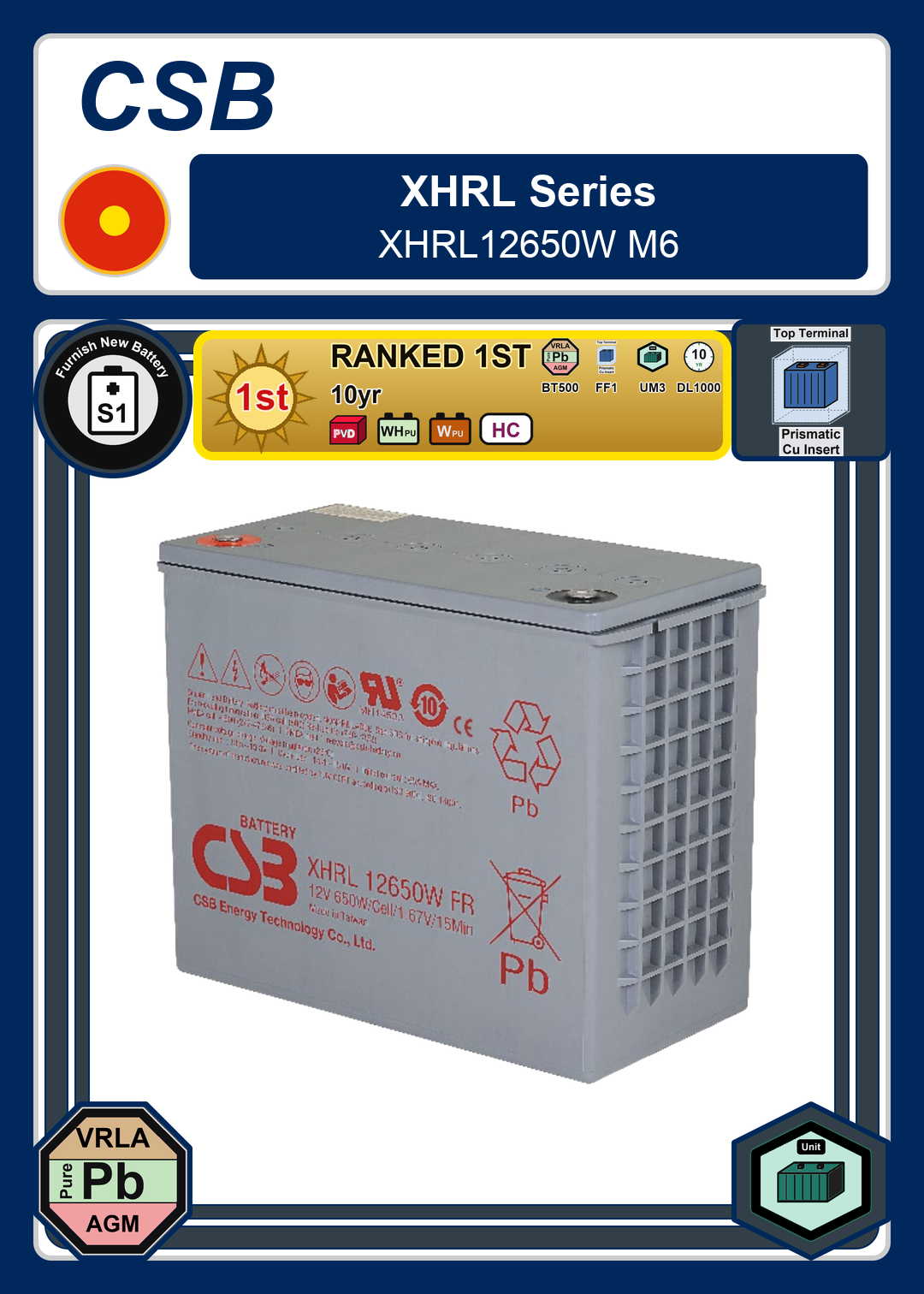 Furnish New Battery CSB XHRL Series XHRL12650W M6