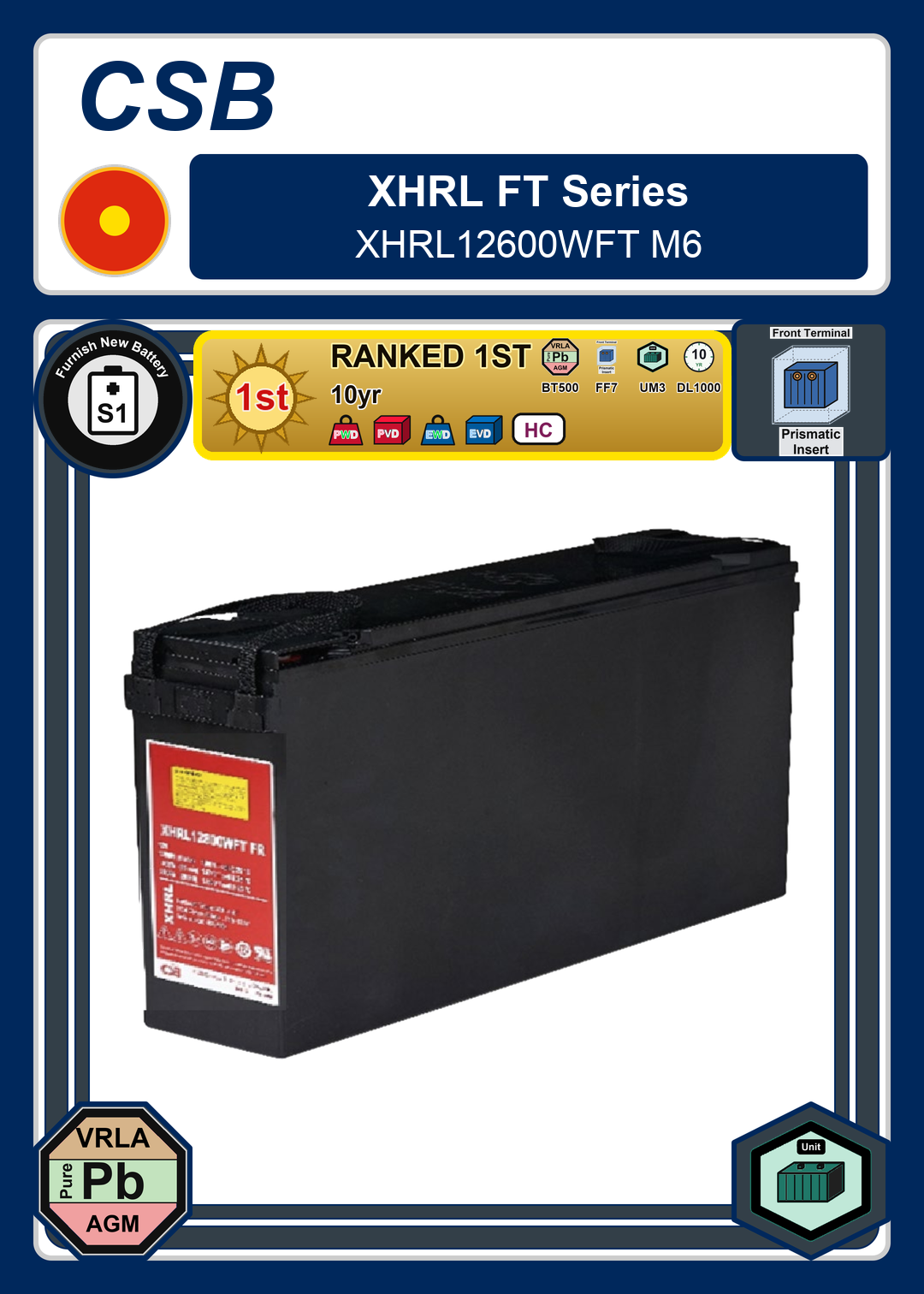 Furnish New Battery CSB XHRL FT Series XHRL12600WFT M6