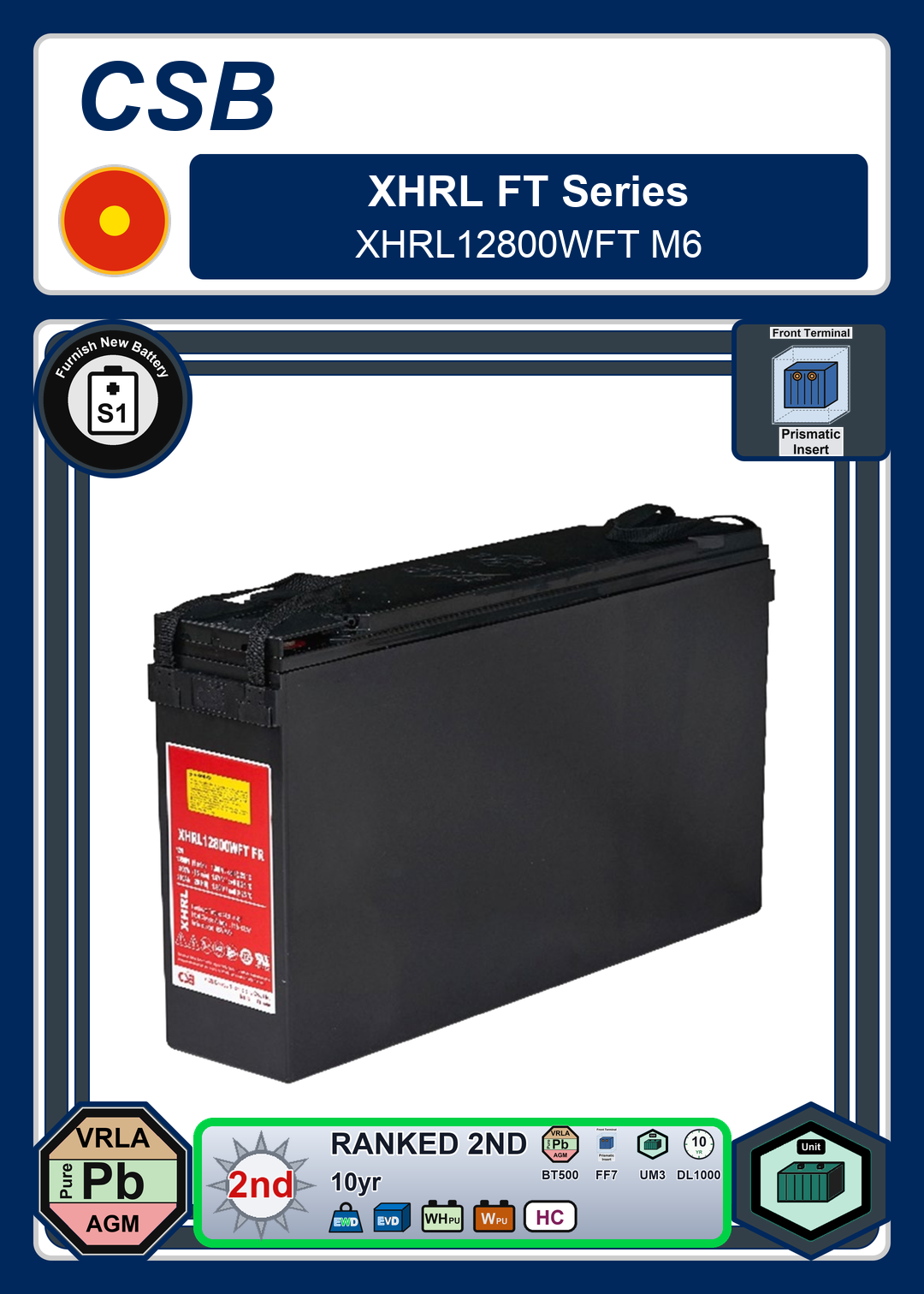Furnish New Battery CSB XHRL FT Series XHRL12800WFT M6