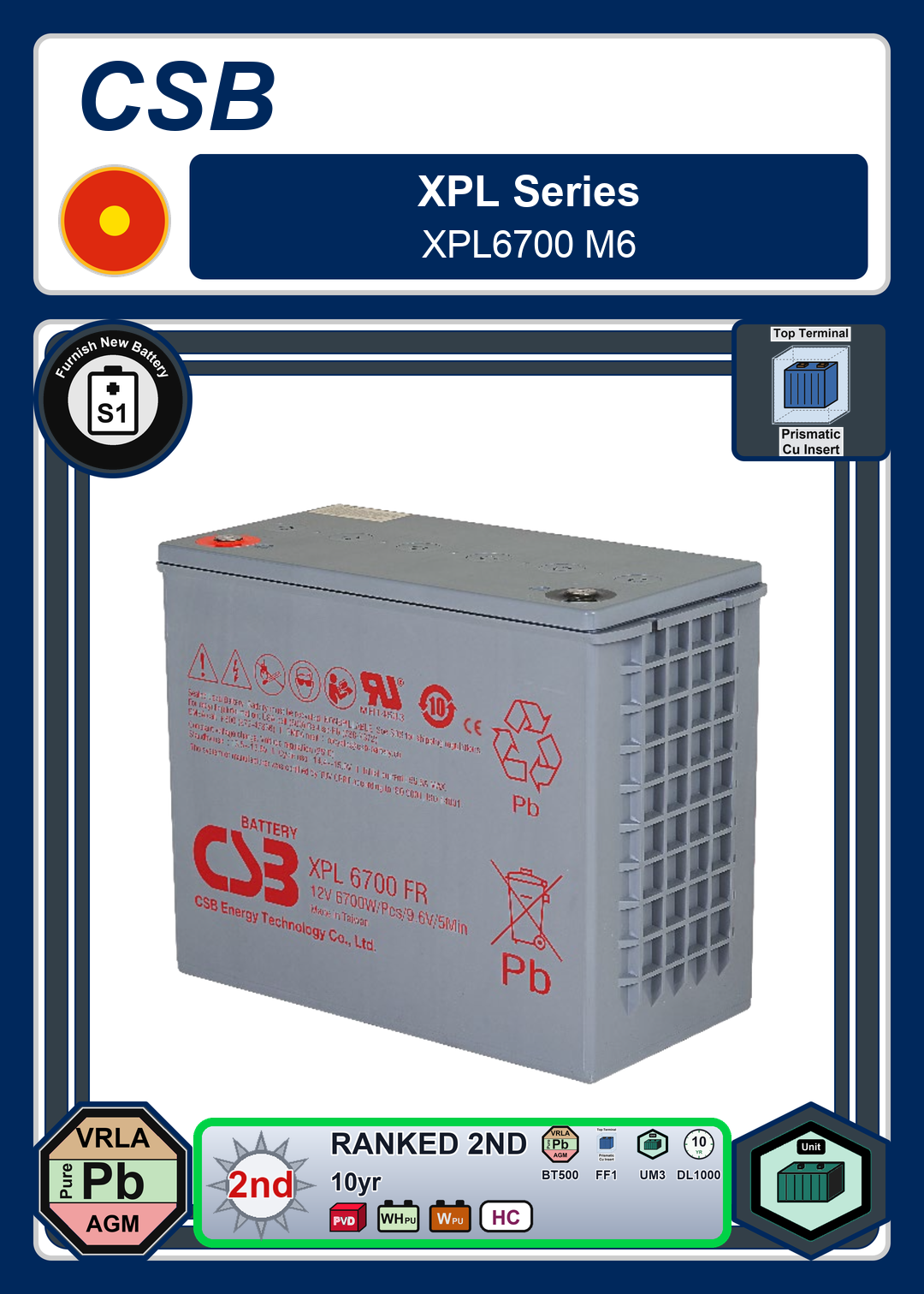 Furnish New Battery CSB XPL Series XPL6700 M6