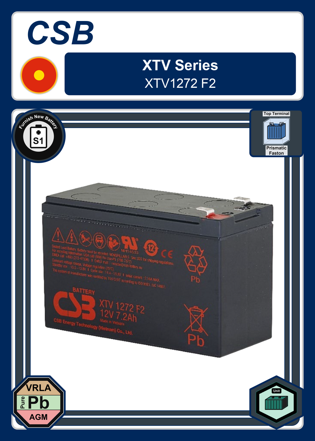 Furnish New Battery CSB XTV Series XTV1272 F2
