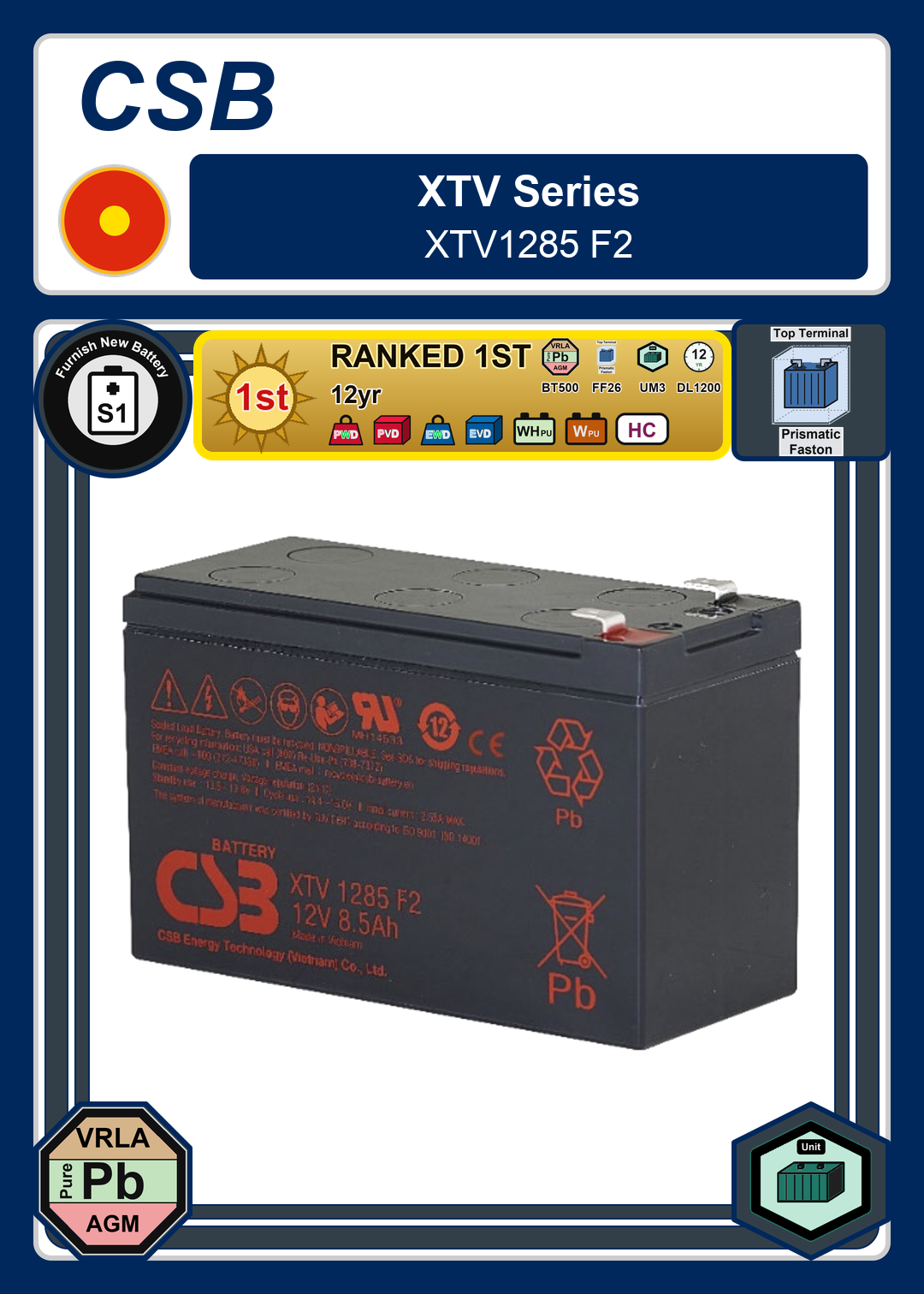 Furnish New Battery CSB XTV Series XTV1285 F2