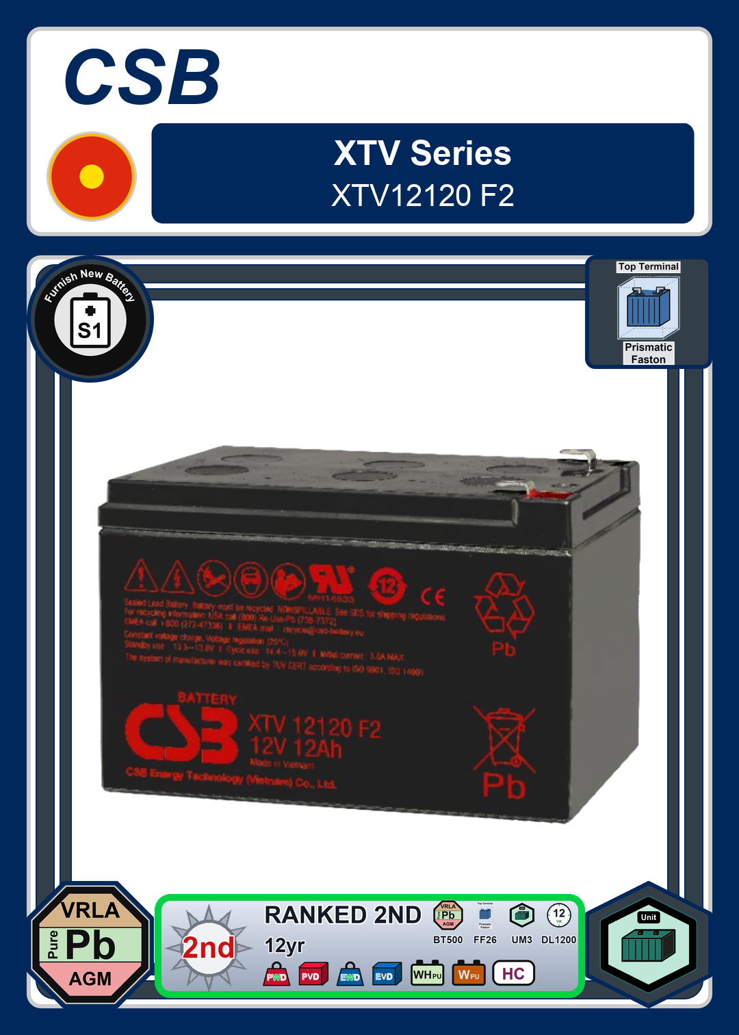 Furnish New Battery CSB XTV Series XTV12120 F2