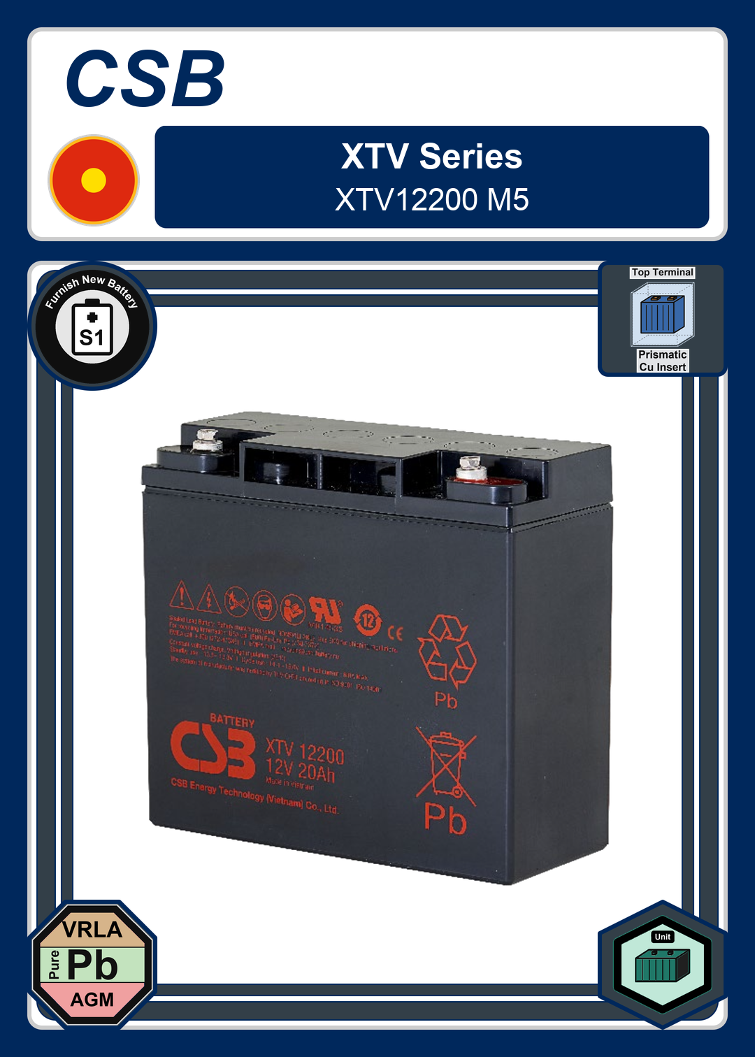 Furnish New Battery CSB XTV Series XTV12200 M5