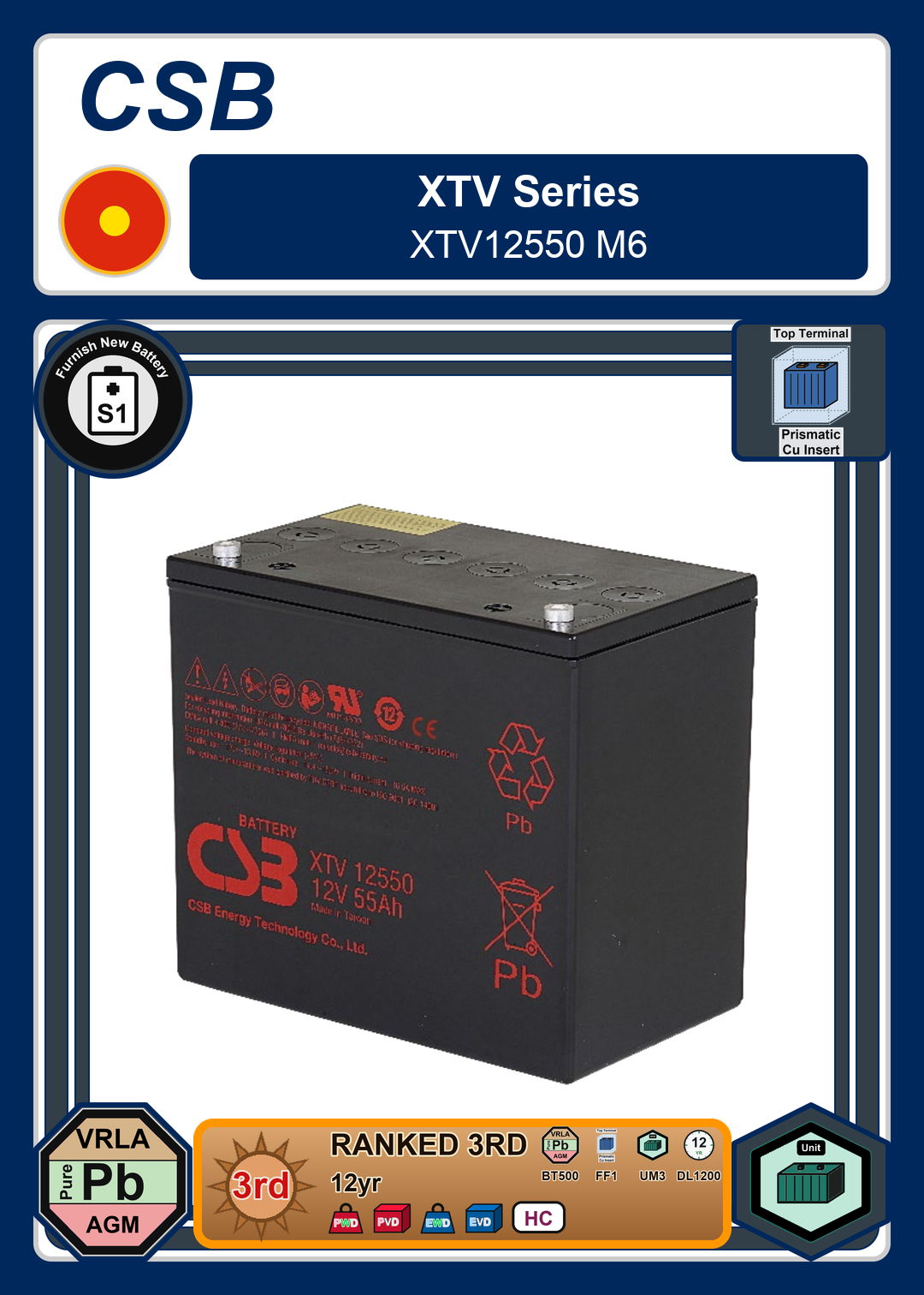 Furnish New Battery CSB XTV Series XTV12550 M6