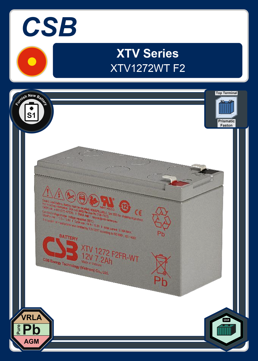 Furnish New Battery CSB XTV Series XTV1272WT F2