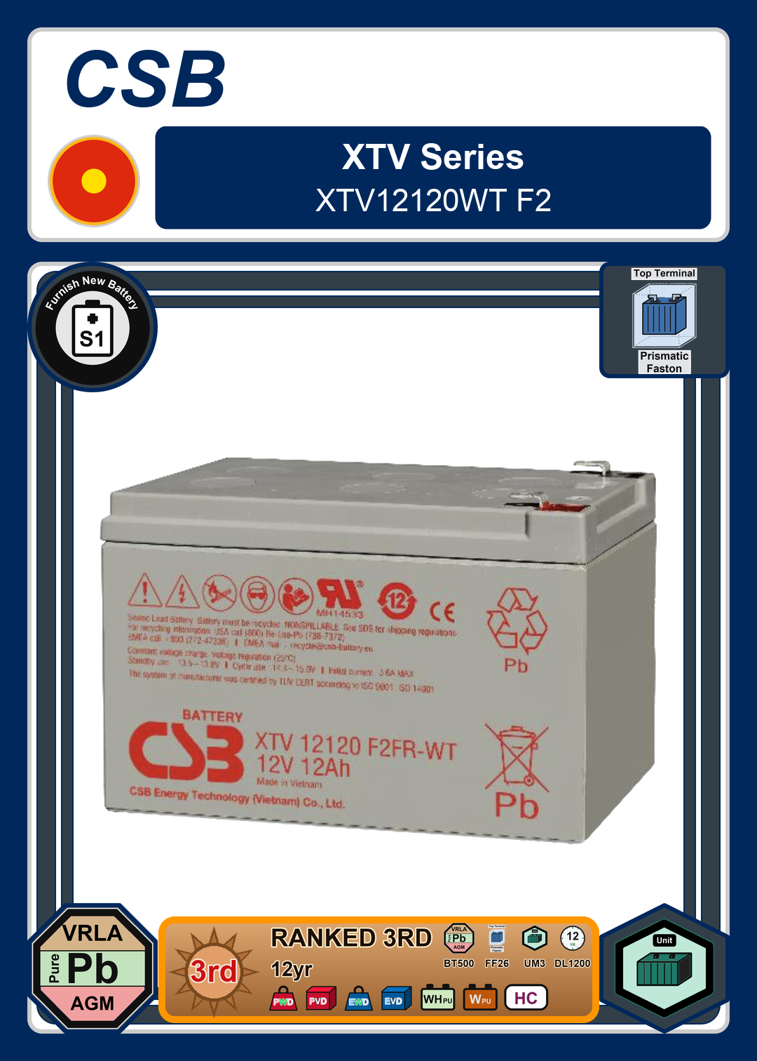 Furnish New Battery CSB XTV Series XTV12120WT F2
