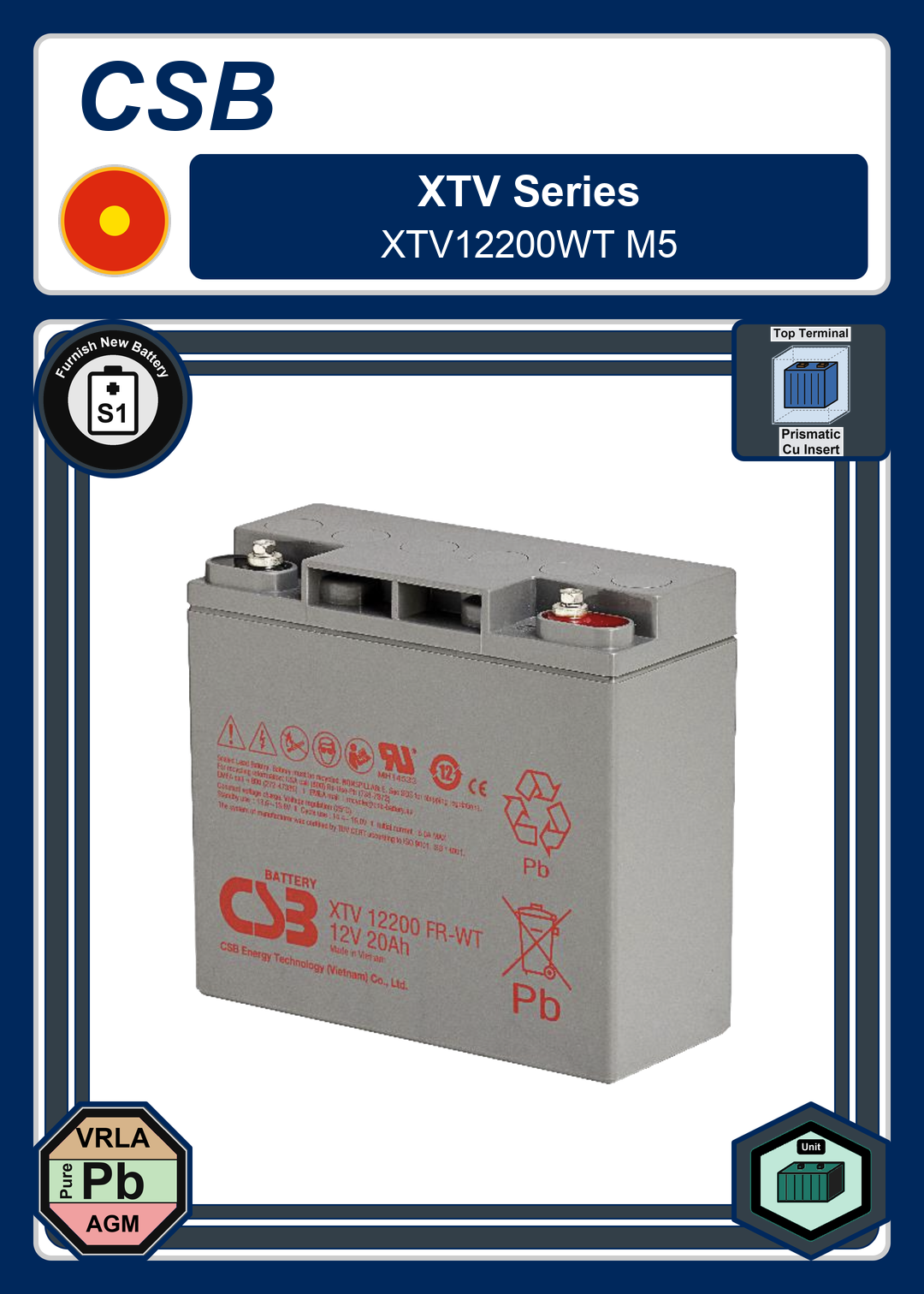 Furnish New Battery CSB XTV Series XTV12200WT M5