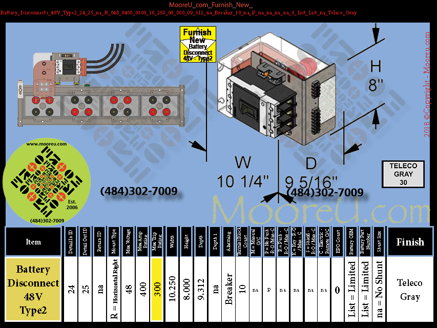 Product image for Battery Disconnects 48V Type2 24 25 na R 048 0400 0300 10 250 08 000 09 312 na Breaker 10 na P na na na na 0 List List na Teleco Gray
