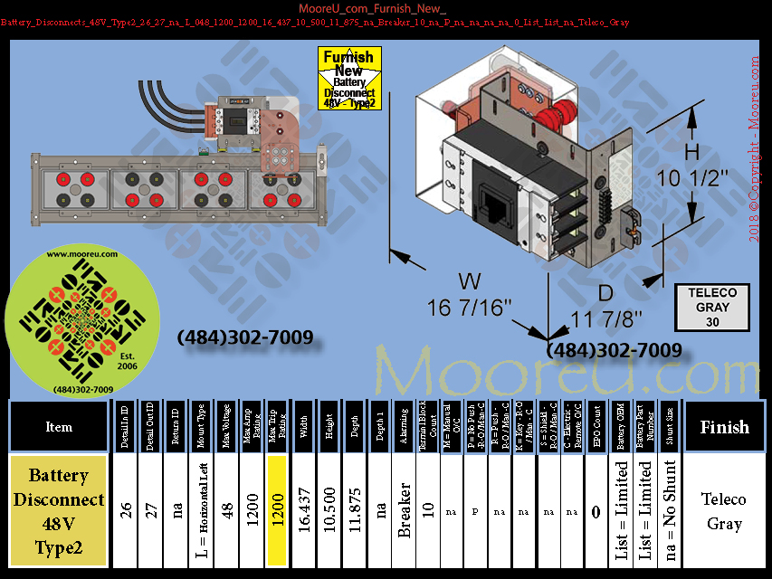 Product image for Battery Disconnects 48V Type2 26 27 na L 048 1200 1200 16 437 10 500 11 875 na Breaker 10 na P na na na na 0 List List na Teleco Gray