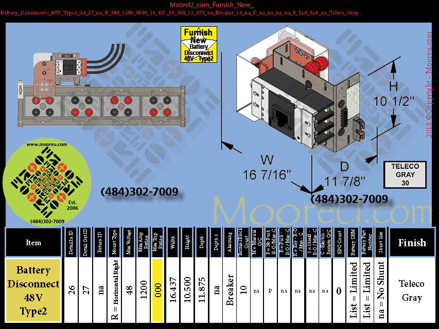 Product image for Battery Disconnects 48V Type2 26 27 na R 048 1200 0000 16 437 10 500 11 875 na Breaker 10 na P na na na na 0 List List na Teleco Gray