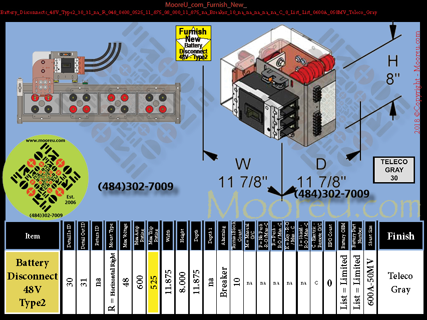 Product image for Battery Disconnects 48V Type2 30 31 na R 048 0600 0525 11 875 08 000 11 875 na Breaker 10 na na na na na C 0 List List 0600A 050MV Teleco Gray