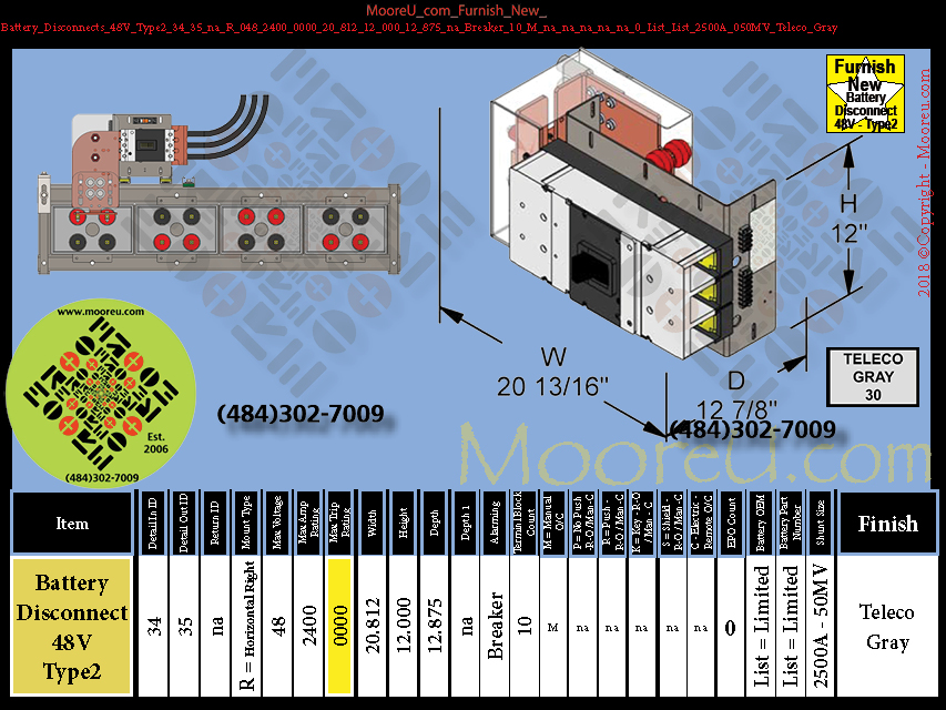 Product image for Battery Disconnects 48V Type2 34 35 na R 048 2400 0000 20 812 12 000 12 875 na Breaker 10 M na na na na na 0 List List 2500A 050MV Teleco Gray