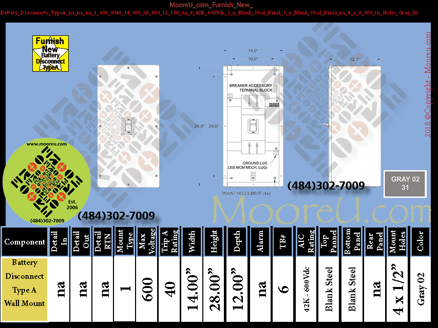 Furnish New Battery Disconnects TypeA na na na 1 600 0040 40 28 000 12 100 na 6 42K 600Vdc 1 x Blank Steel Panel 1 x Blank Steel Panel na 4 x 0 500 in Holes Gray 02