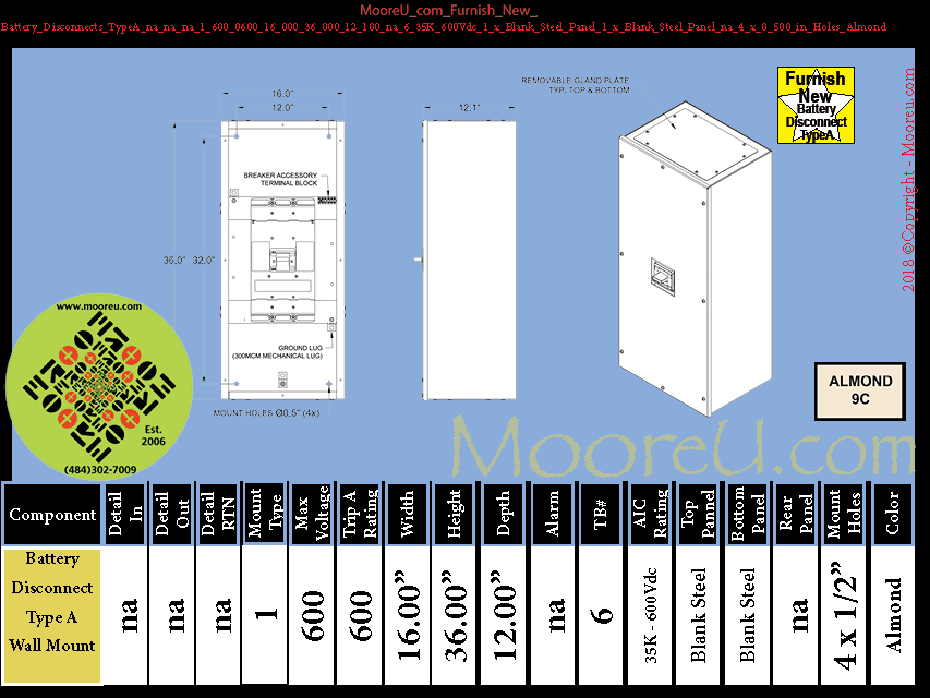Furnish New Battery Disconnects TypeA na na na 1 600 0600 600 36 000 12 100 na 6 35K 600Vdc 1 x Blank Steel Panel 1 x Blank Steel Panel na 4 x 0 500 in Holes Almond