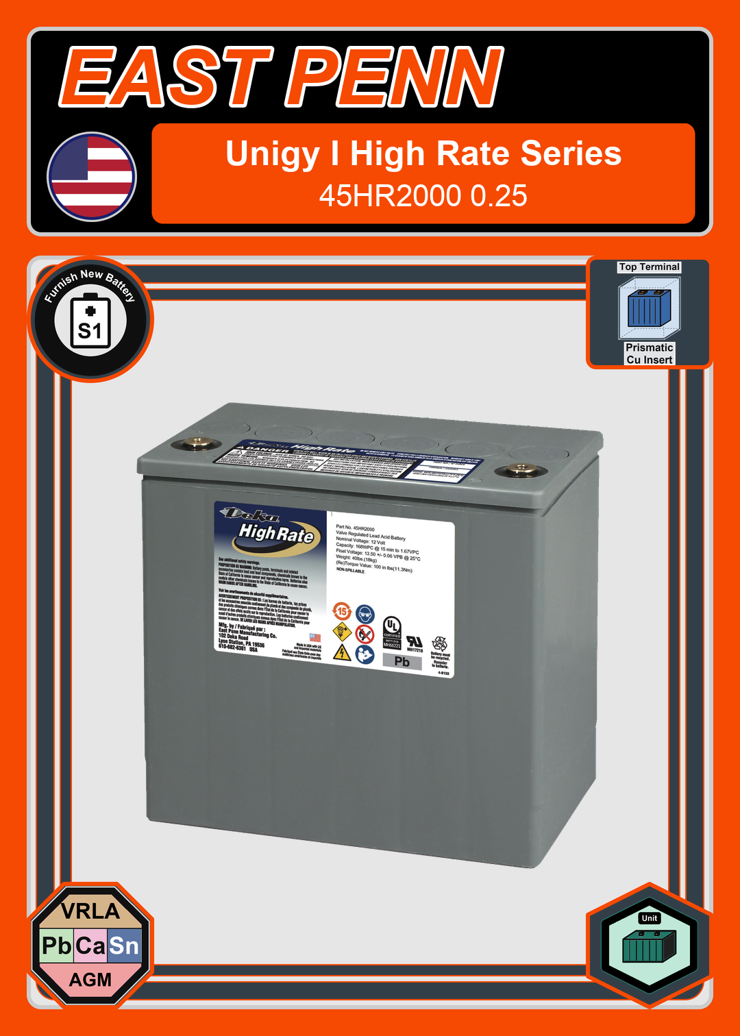 Furnish New Battery East Penn Deka Unigy High Rate Series 45HR2000 0 25