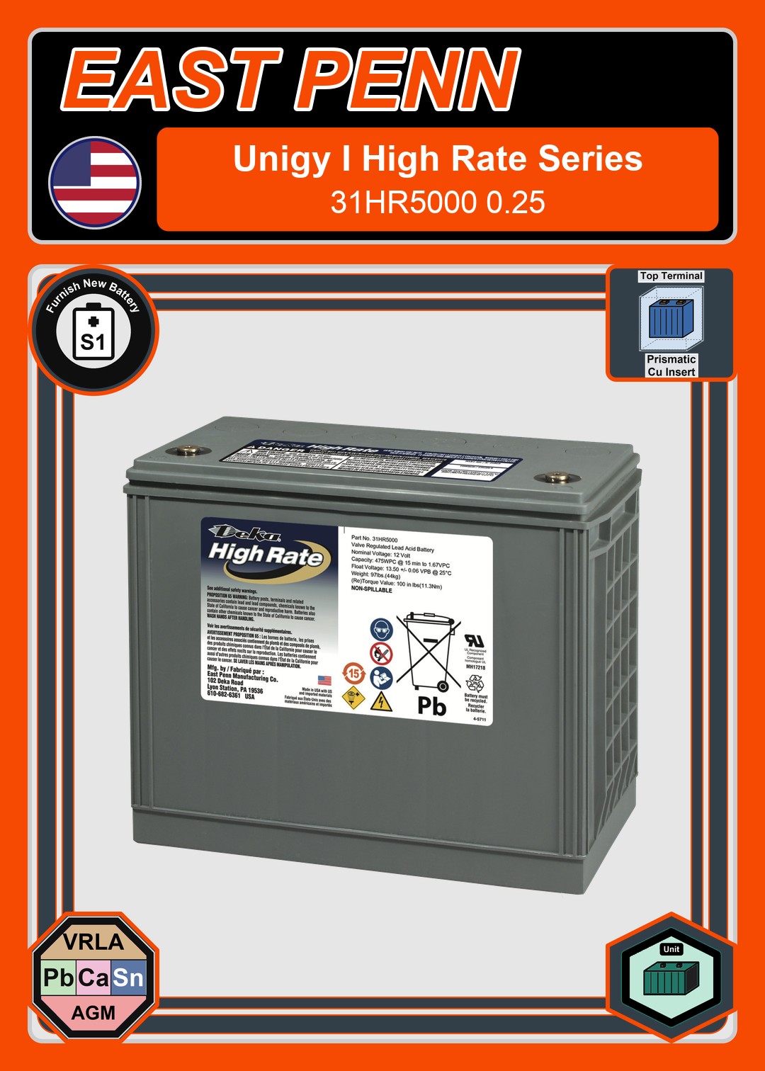 Furnish New Battery East Penn Deka Unigy High Rate Series 31HR5000 0 25