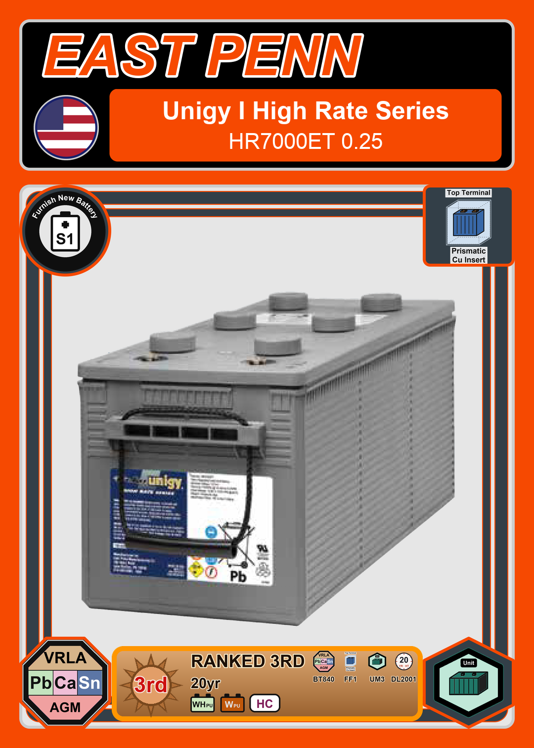 Furnish New Battery East Penn Deka Unigy High Rate Series HR7000ET 0 25
