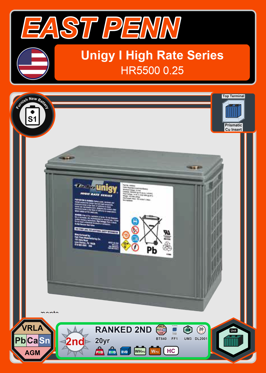Furnish New Battery East Penn Deka Unigy High Rate Series HR5500 0 25