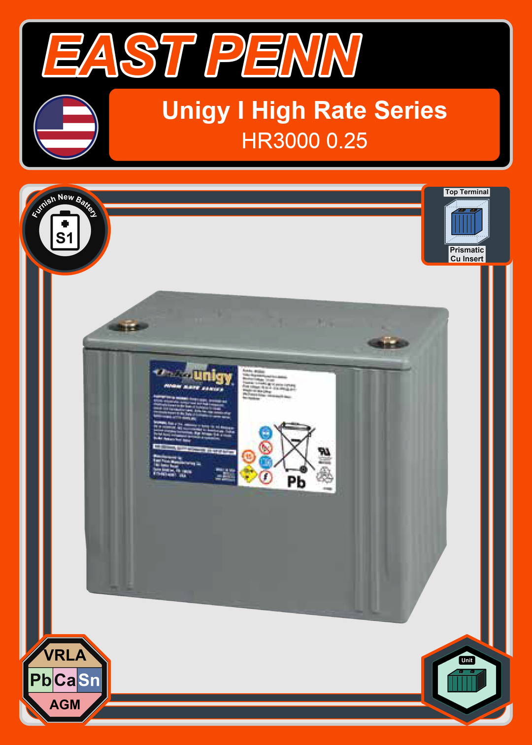 Furnish New Battery East Penn Deka Unigy High Rate Series HR3000 0 25