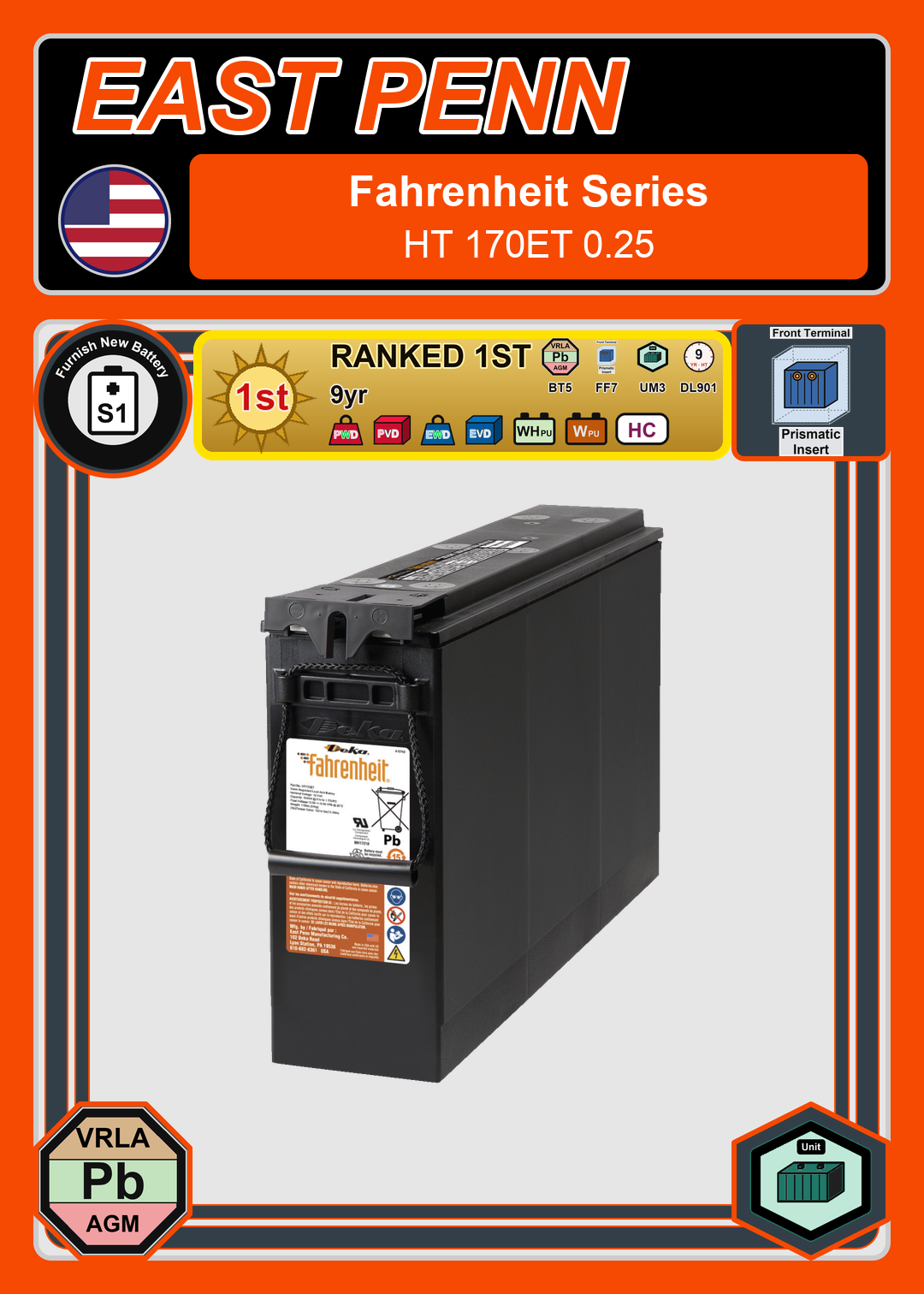 Furnish New Battery East Penn Fahrenheit Series HT 170ET 0 25
