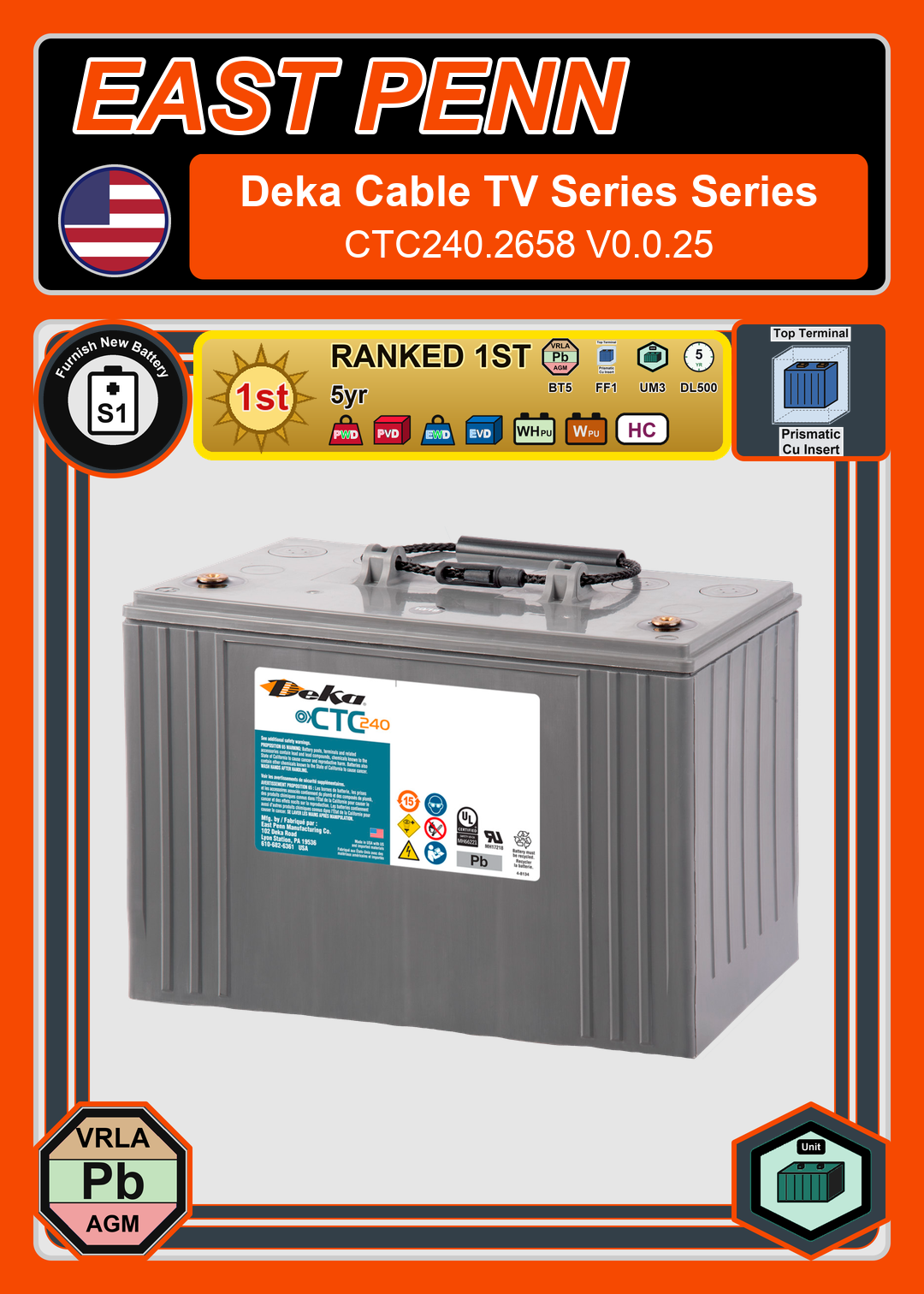 Furnish New Battery East Penn Deka Cable TV Series CTC240 2658 V0 0 25