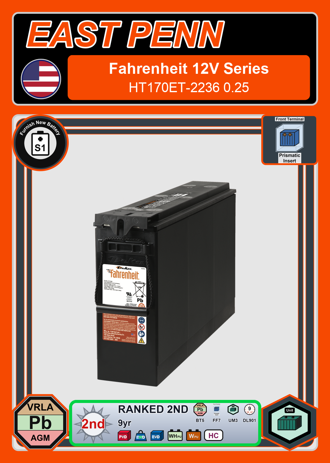 Furnish New Battery East Penn Deka Fahrenheit HT170ET 2236 0 25