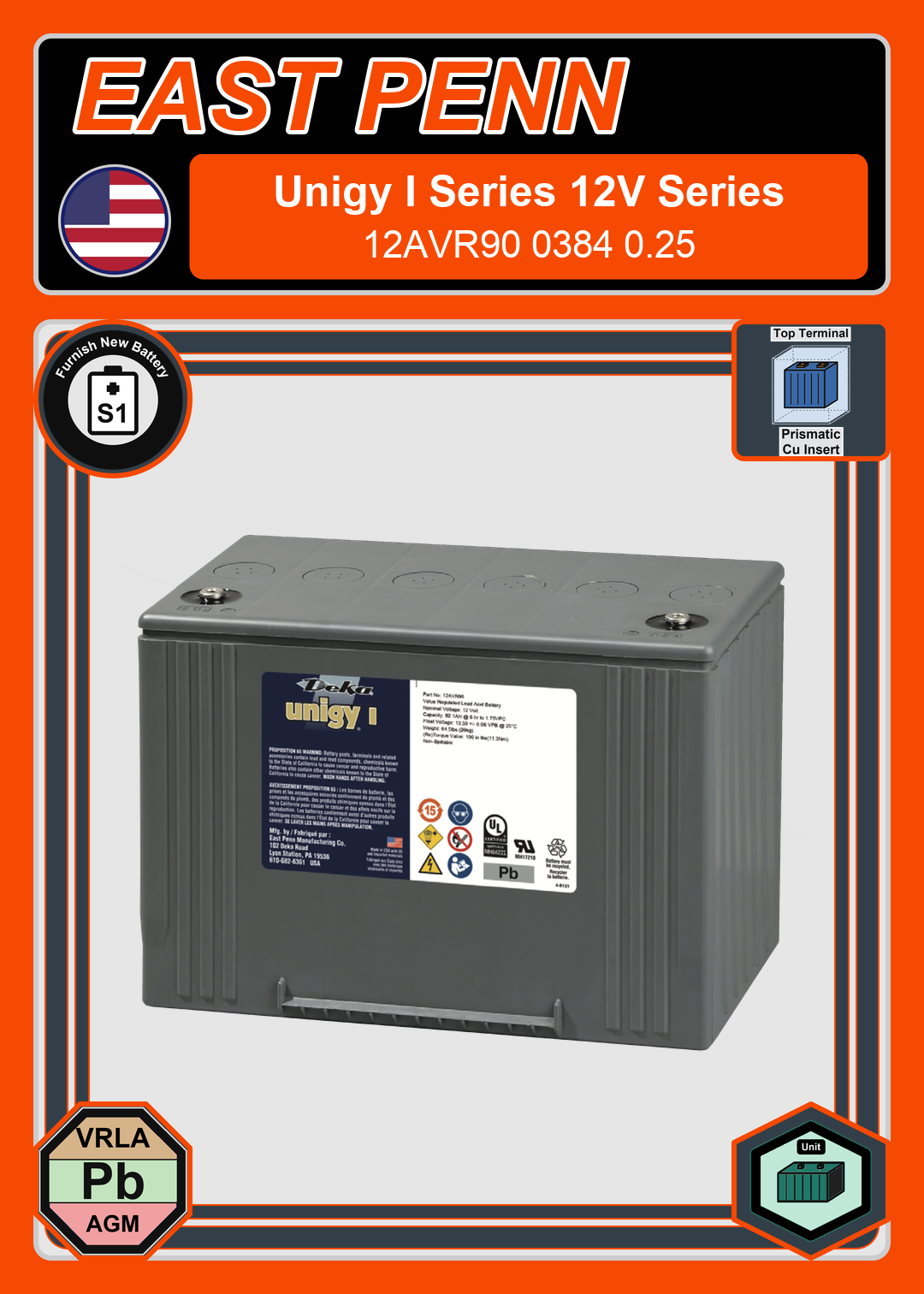 Furnish New Battery East Penn Deka Unigy I 12AVR90 0384 0 25
