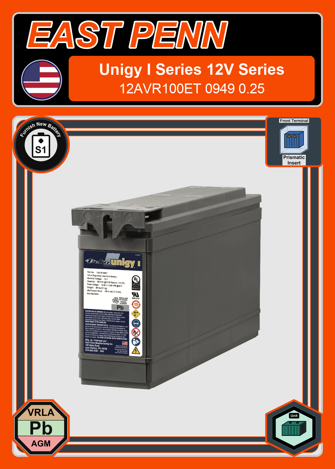 Furnish New Battery East Penn Deka Unigy I 12AVR100ET 0949 0 25