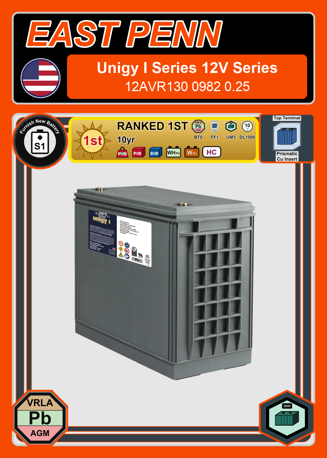 Furnish New Battery East Penn Deka Unigy I 12AVR130 0982 0 25