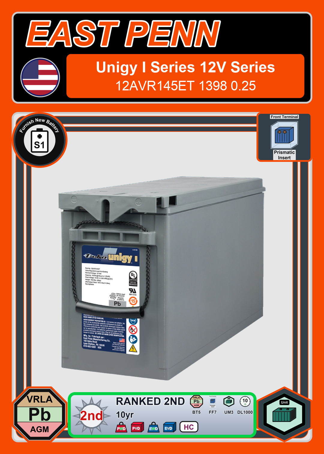Furnish New Battery East Penn Deka Unigy I 12AVR145ET 1398 0 25